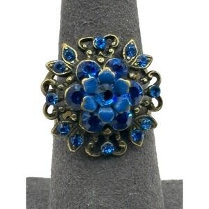 Blue Flower‎ Ring VTG Filigree Rhinestone Adjustable Gold Tone Enamel Cocktail